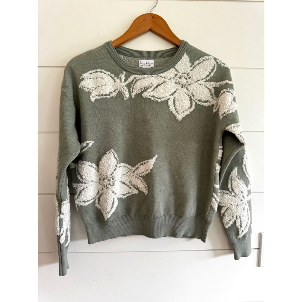Nicole Miller Sage Cream Floral Sweater Coastal Grandma Embroidered Knit Top S